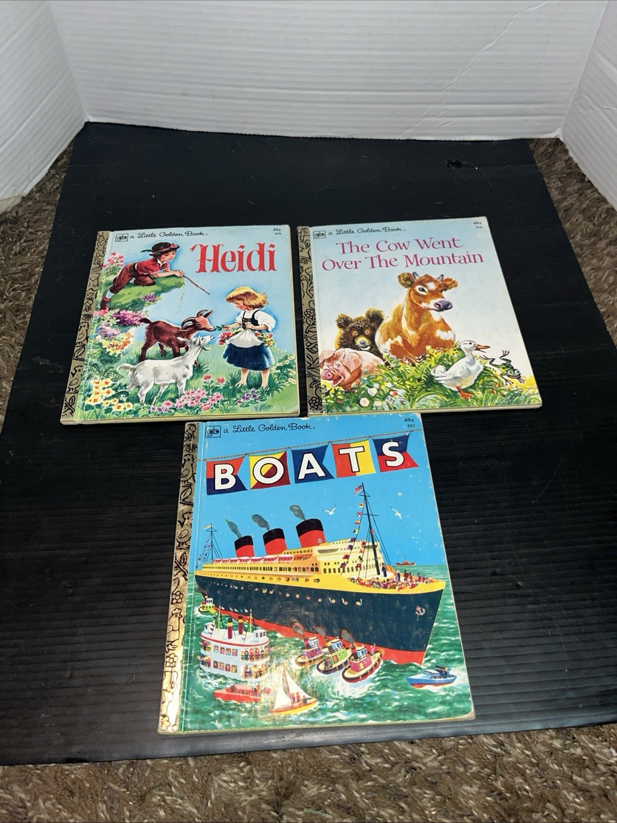 Lot of 3 Little Golden Books Mixed Lot Vintage Boats, Heidi, & The Cow Went Over