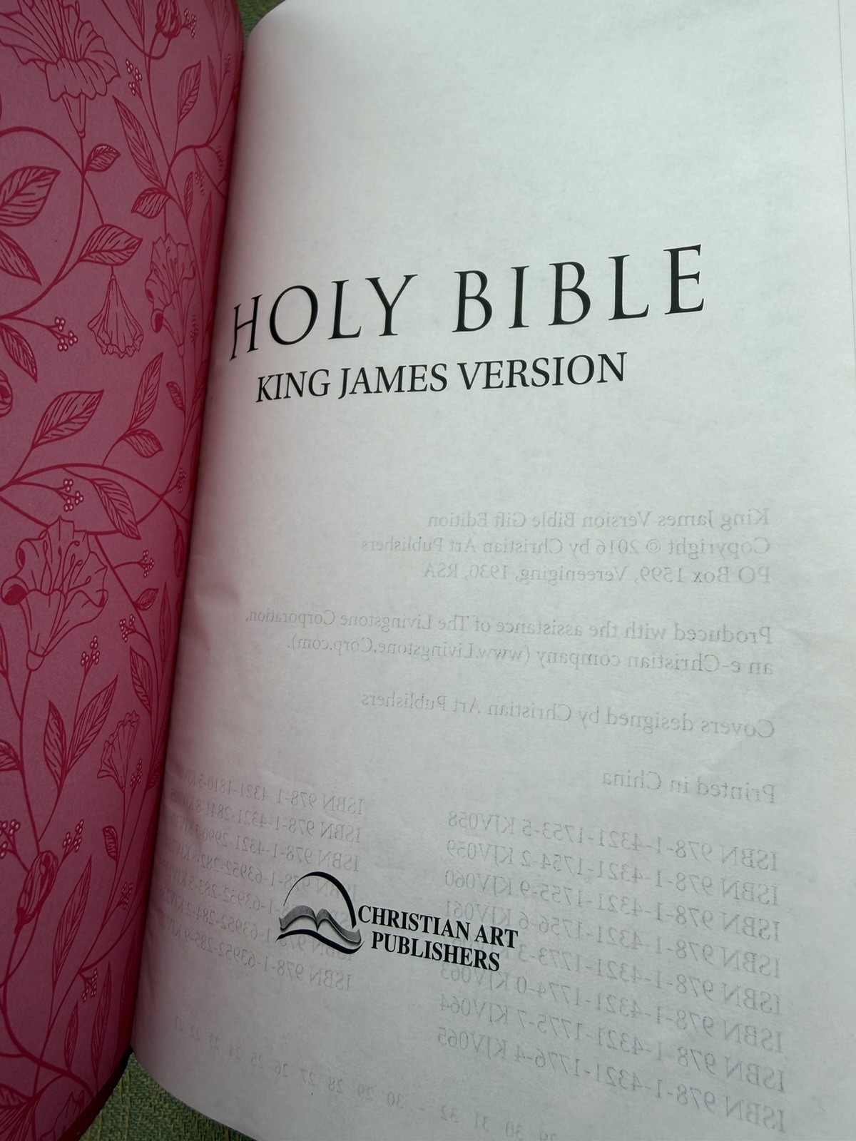 Pink floral holy bible book King James Version by Christian art publisher