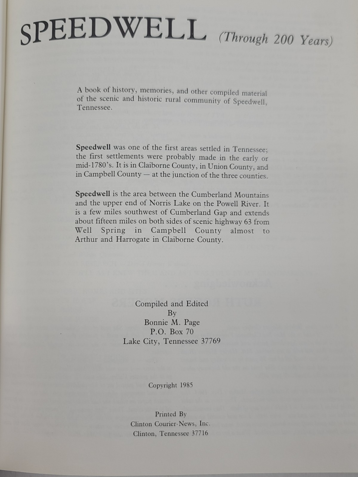 Speedwell Through 200 Years HC Bonnie Page 1985 Rural Town in Tennessee