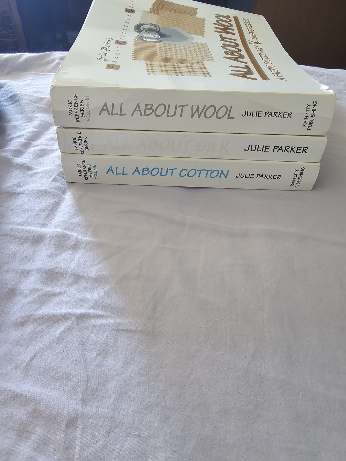 All About Wool /Cotten /Silk by Julie Parker Paperback 3 Book Set All SwatchesVG