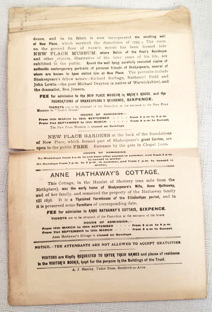 1910 CATALOGUE OF SHAKESPEARE BIRTHPLACE,Art,History, BIRTHPLACE Pamphlet/Ticket