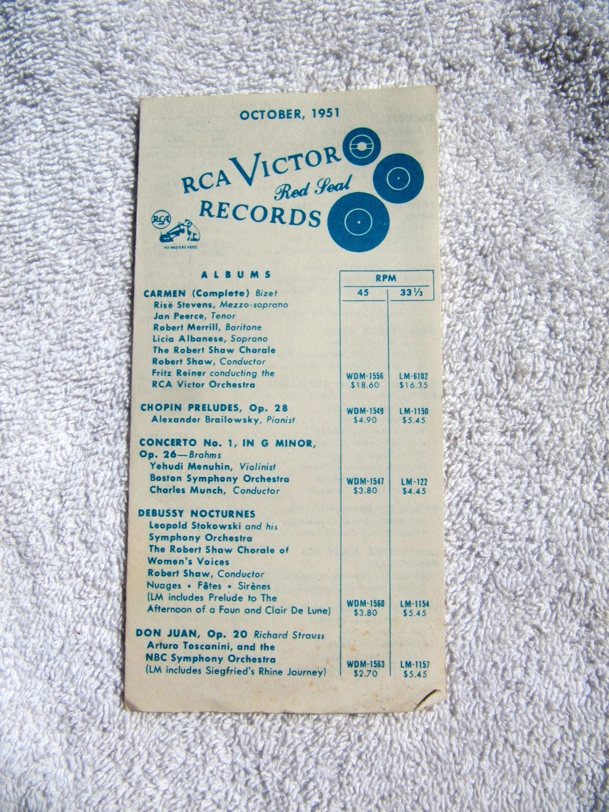 October 1951 RCA VICTOR Red Seal Records Supplement RECORD CATALOG LP 33 45 78