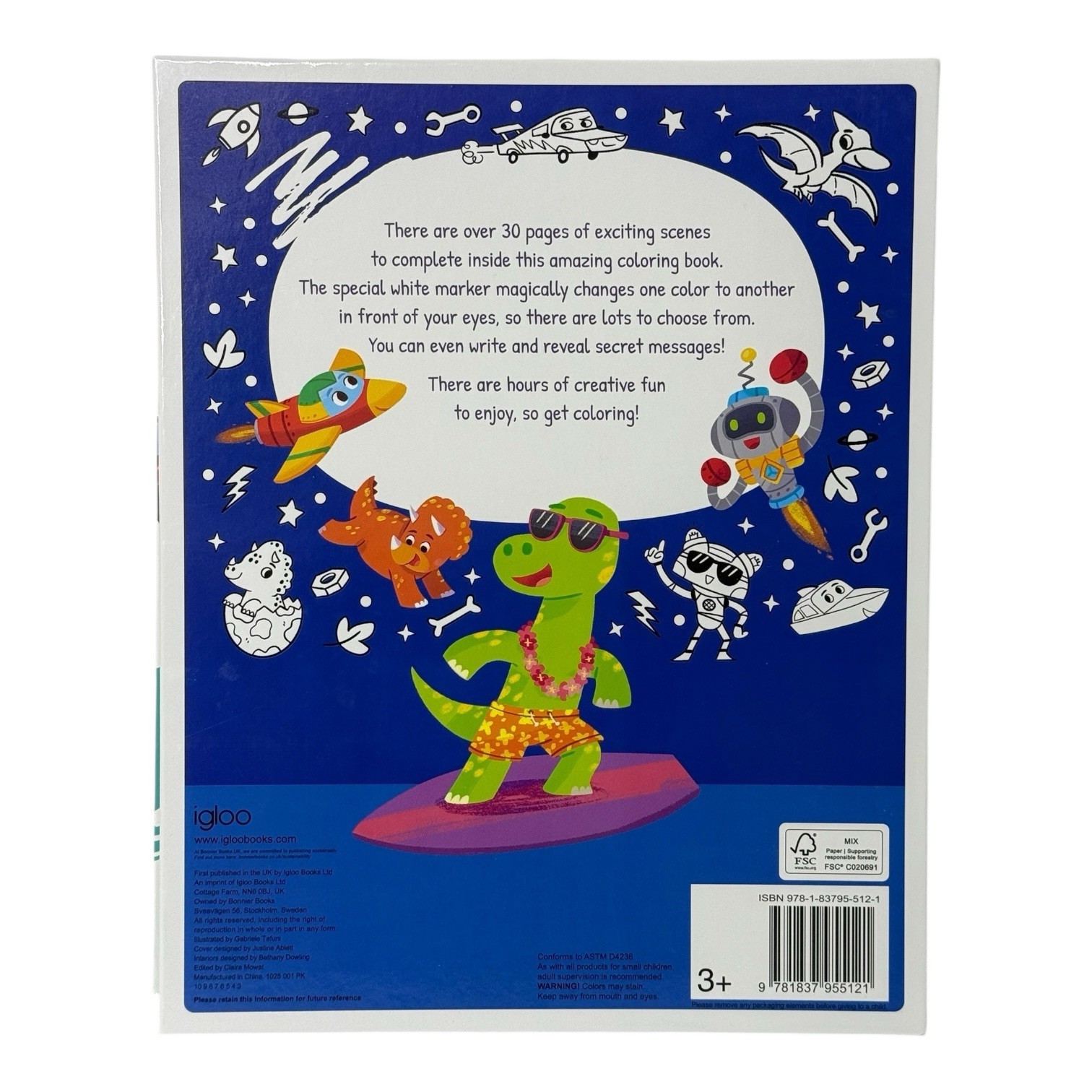 Robots, Racers, Dinosaurs Coloring Secret Messages Book & Pen Over 30 Pages
