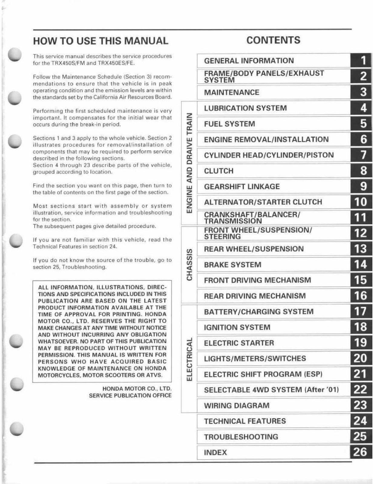 HONDA 1998-2004 TRX450S/FM TRX450ES/FE Foreman 450 Service Manual SECURED FOLDOU