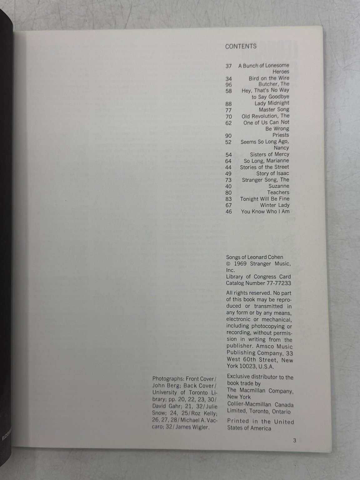 Songs of Leonard Cohen Sheet Music Words Photos 1969 Amsco Music Book