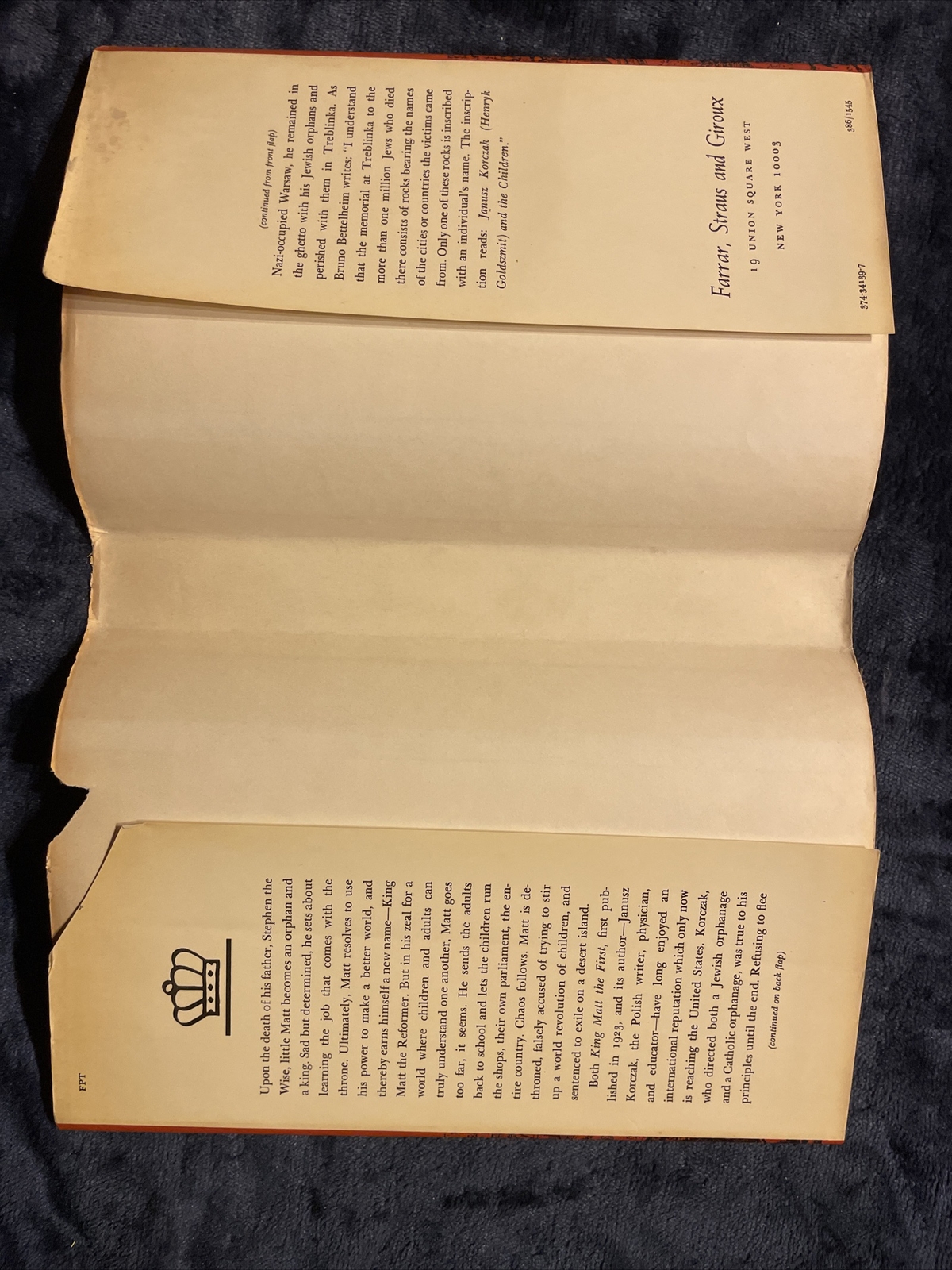 Janusz Korczak: King Matt the First HCDJ First Ed Farrar Straus Giroux 1986
