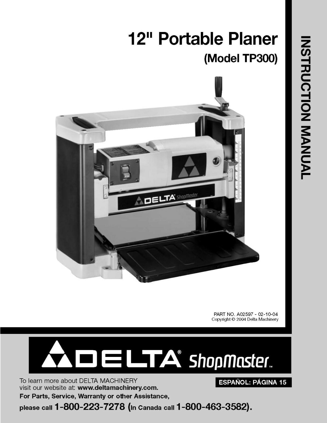 Delta TP300 Instruction Manual User Guide For 12″ Portable Planer Coil Bound