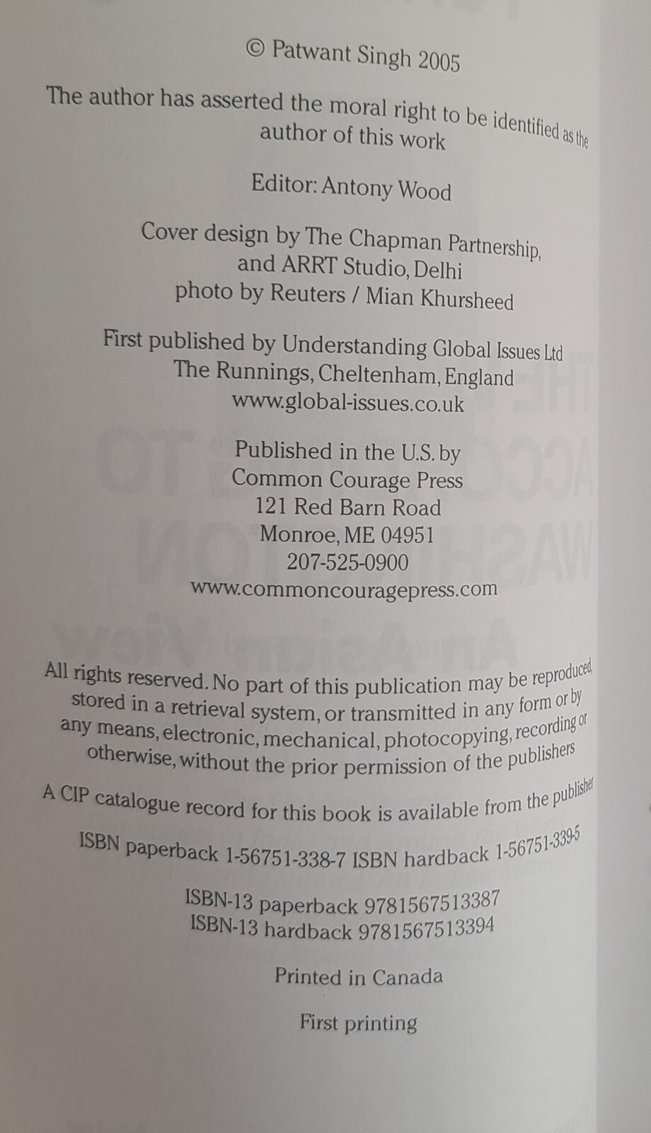 THE WORLD ACCORDING TO WASHINGTON: AN ASIAN VIEW By Patwant Singh (PB 2005)