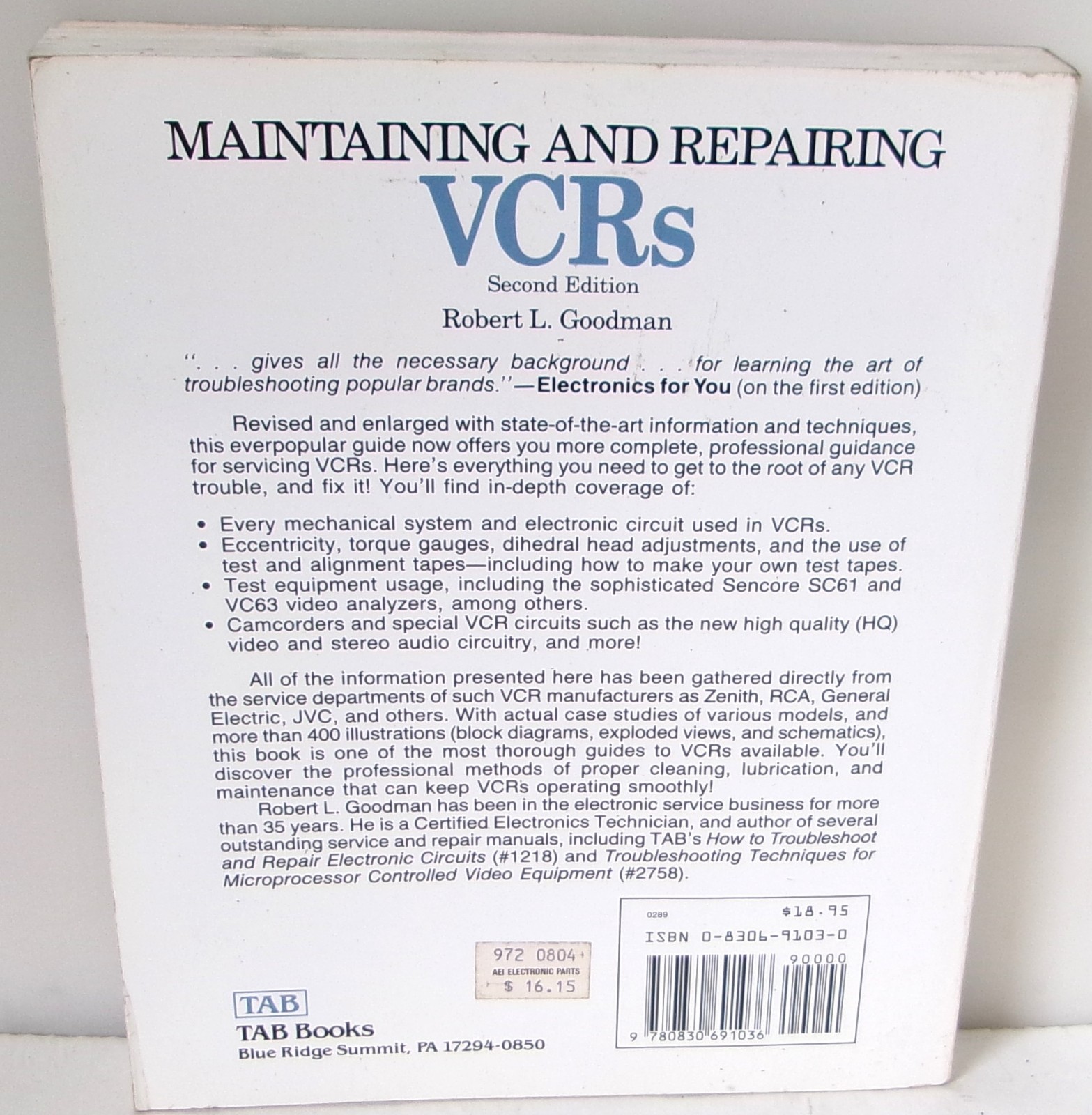 Maintaining and Repairing VCRs Robert L. Goodman 2nd Edition TAB Books VHS Beta