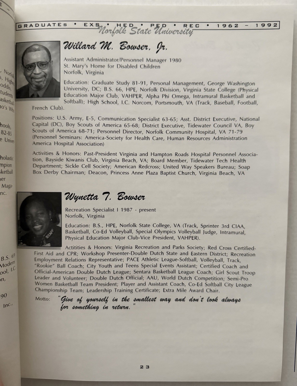 1962 – 1992 NORFOLK STATE UNIVERSITY EXS HED PED REC GRADUATES BOOK 174 PAGES