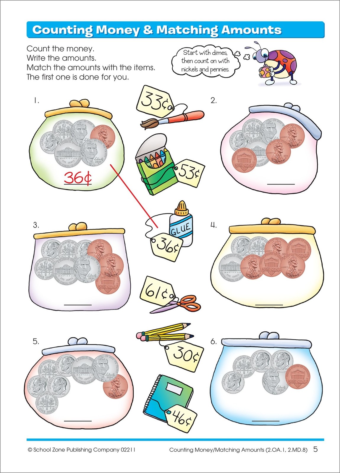 School Zone Time, Money & Fractions Workbook: 64 Pages, 1st Grade, Multicolor