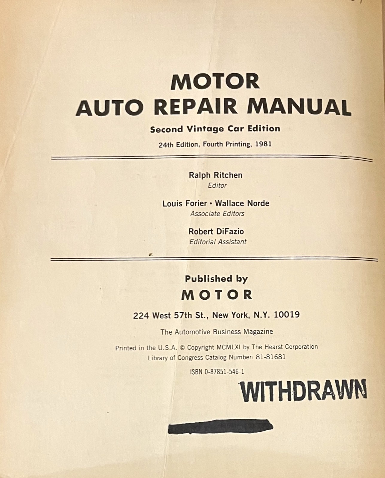 MOTOR AUTO REPAIR MANUAL-Second Vintage Car Edition, 1953-61 Models-VG 1981 HC!