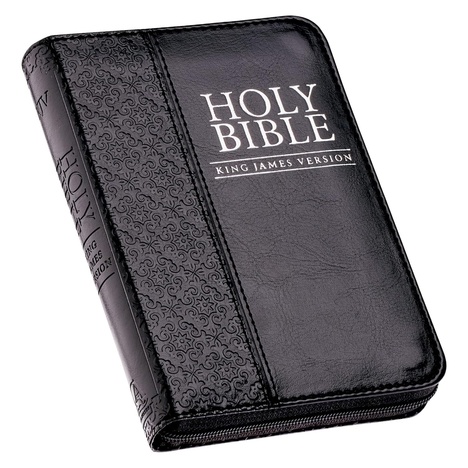 KJV Holy Bible,Mini Pocket Bible–Zippered Black Faux Leather Bible w/Ribbon Ma..