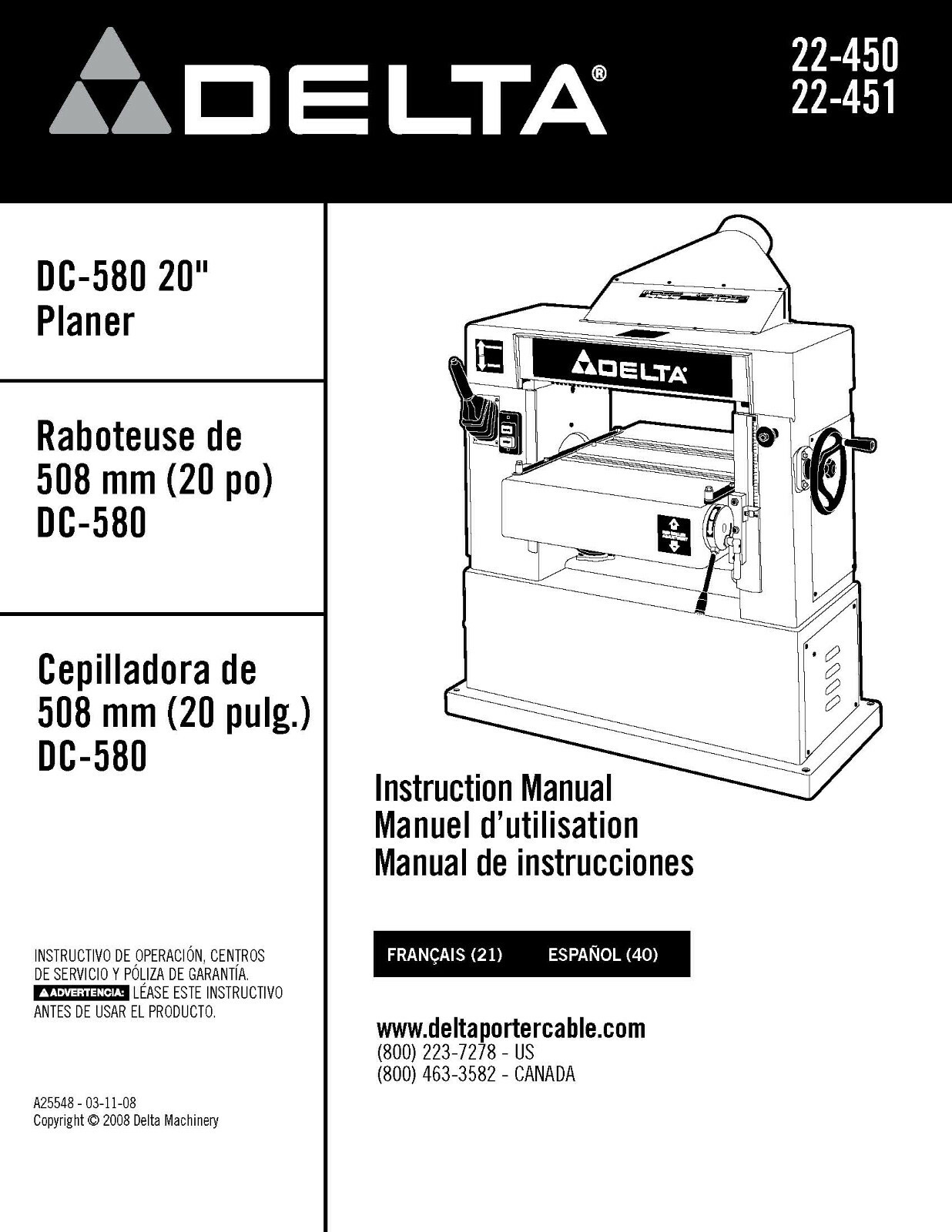 Delta DC-580 20″ Planer 22-450 22-451 Instruction Manual SPIRAL BOUND