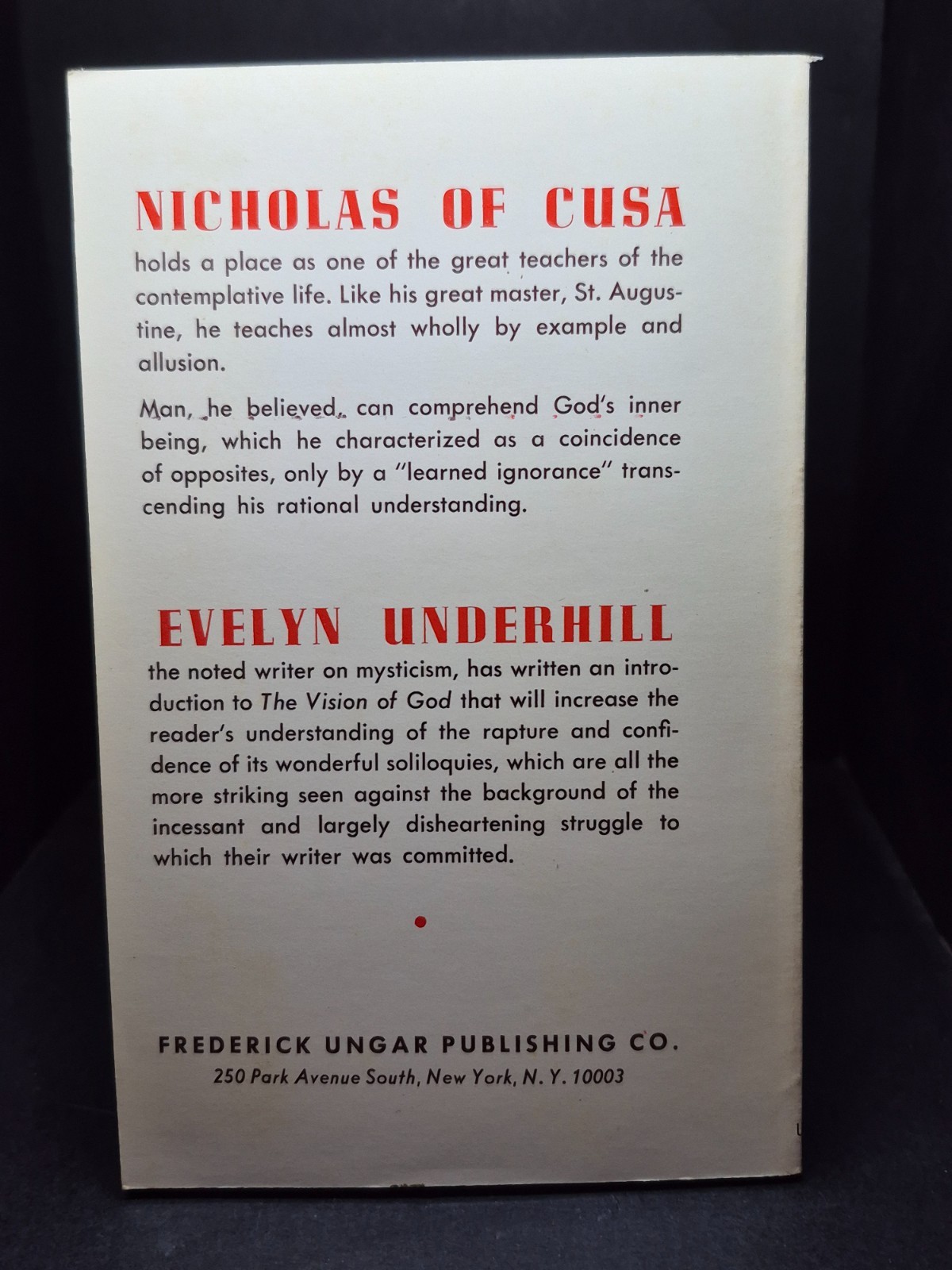 The Vision of God: Nicholas of Cusa. Frederick Ungar Pub., 2nd Printing 1969