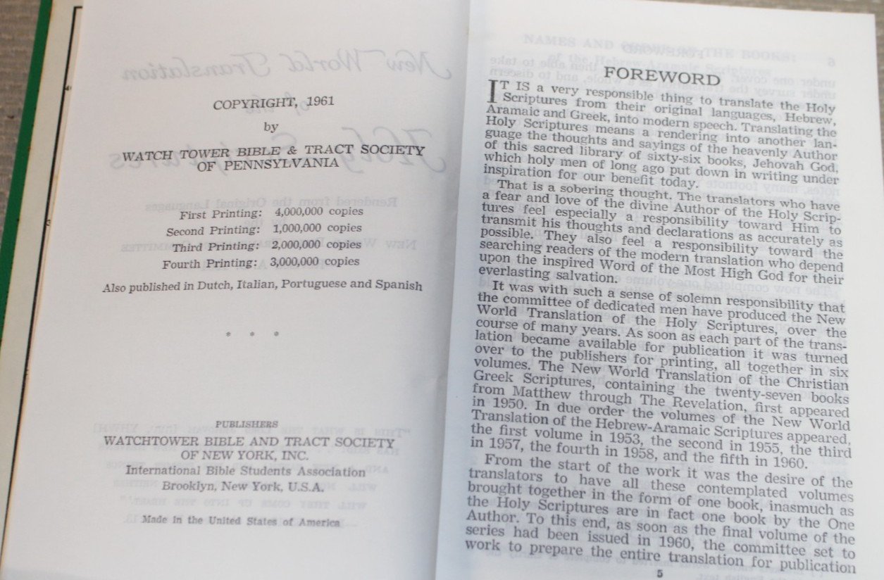 1961 New World Translation Holy Scriptures Hardcover Watchtower Green Bible