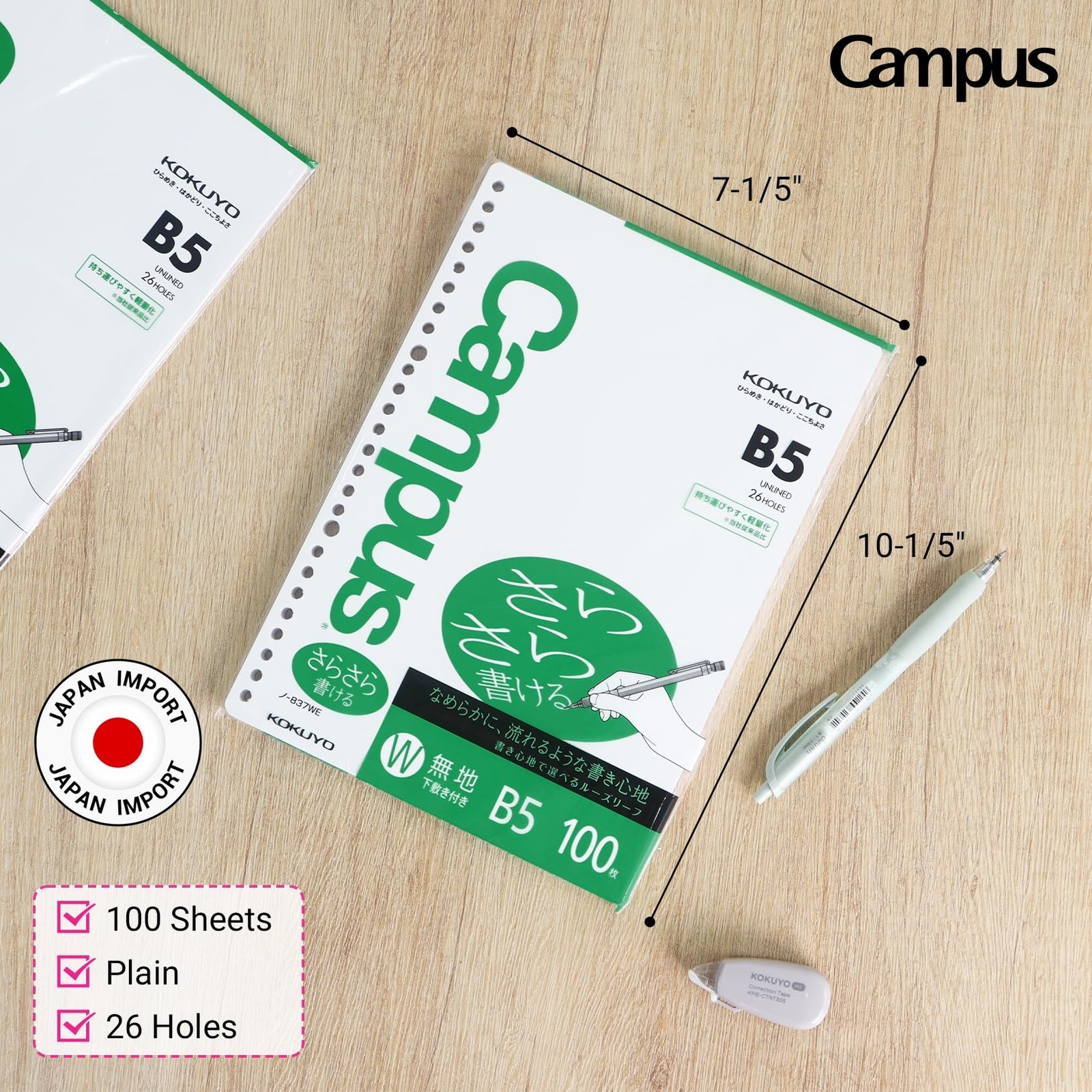 Campus Loose Leaf Paper, B5 Plain Filler Paper, 100 Sheets 75 GSM Sarasara Sm…
