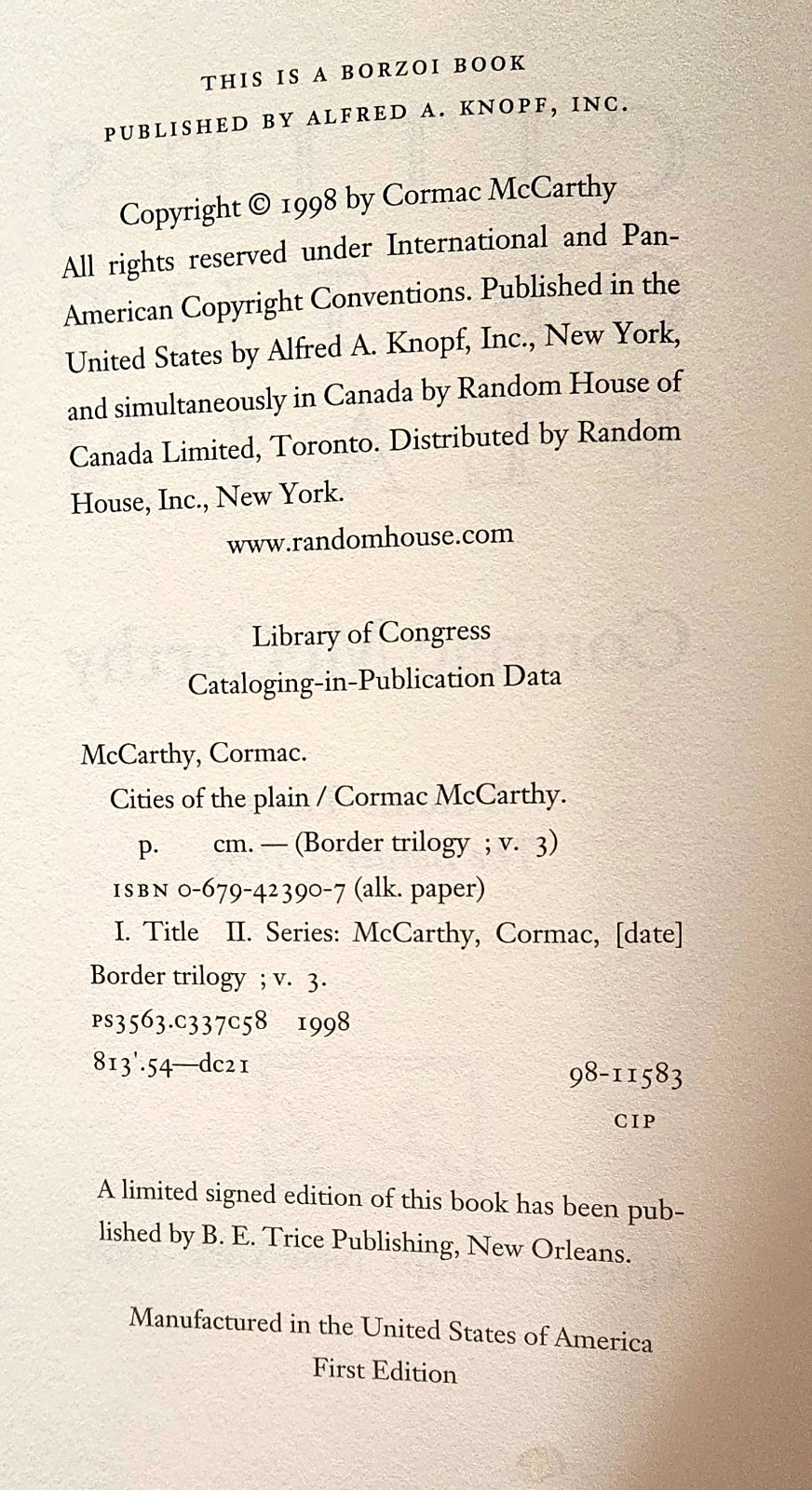 Cities of the Plain by Cormac McCarthy 1998 First Edition 1st Printing HC DJ