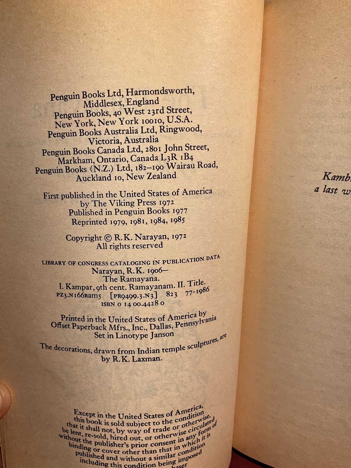 The Ramayana by R. K. Narayan Penguin Books 1985 Paperback Indian Epic Mythology