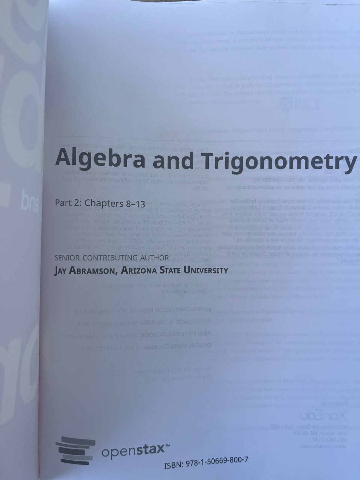Algebra and Trigonometry by OpenStax, paperback, Part 2, Chapters 8-13