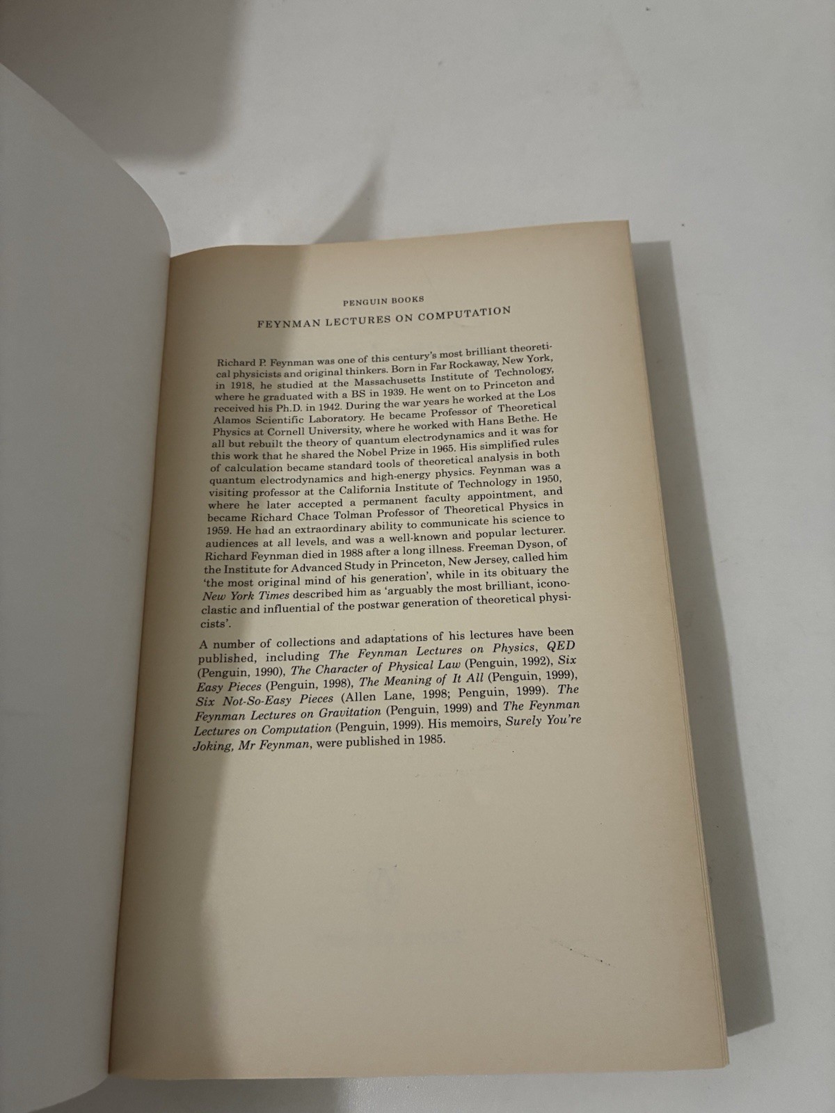 Feynman Lectures On Computation -Richard Feynman 1st Edit – Penguin B -Paperback