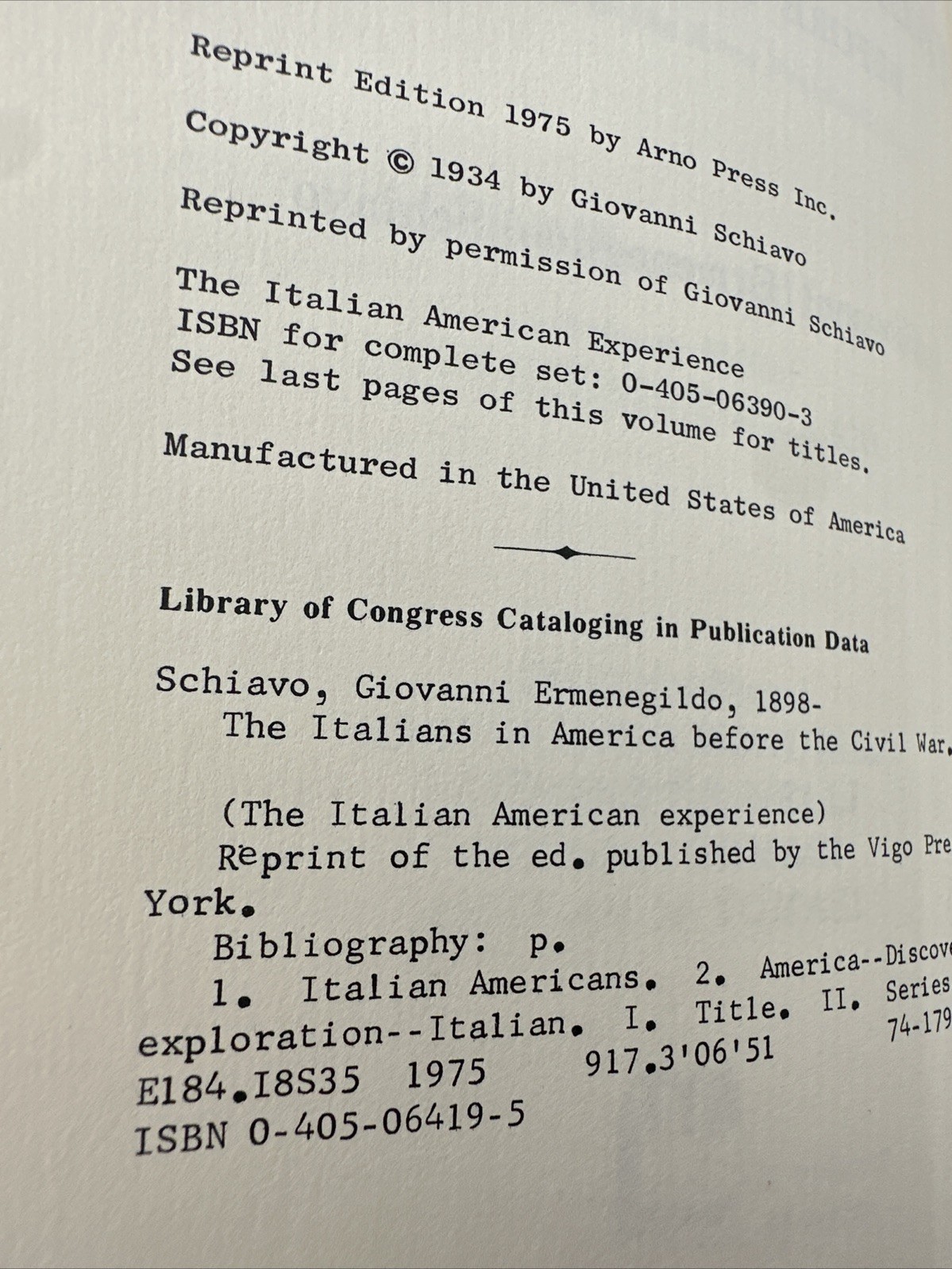 The Italian American Experience Before The Civil War 1975 HC Giovanni Schiavo