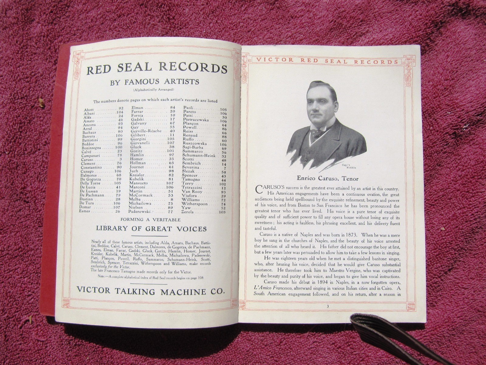 1912 VICTOR RED SEAL RECORDS Catalog A Library of Famous Voices Caruso Eames