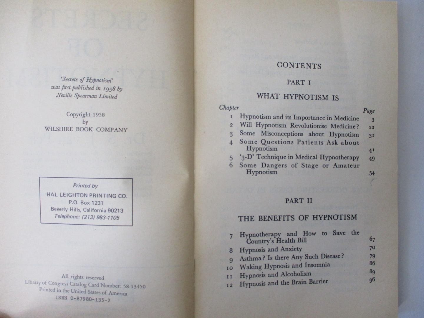 Secrets of HYPNOTISM by S.J. Van Pelt, M.D. Foreword by Melvin Powers (1976 Book