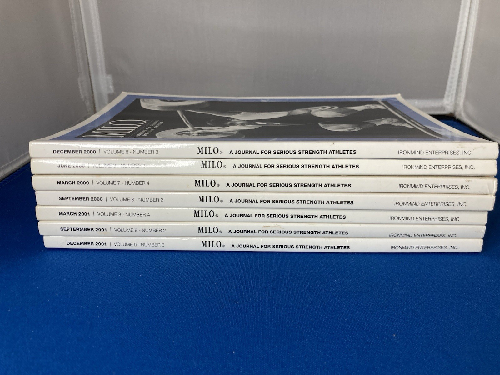 WEIGHTLIFTING-MILO JOURNALS FOR SERIOUS STRENGTH ATHLETES. LOT OF 7. 2000-2001