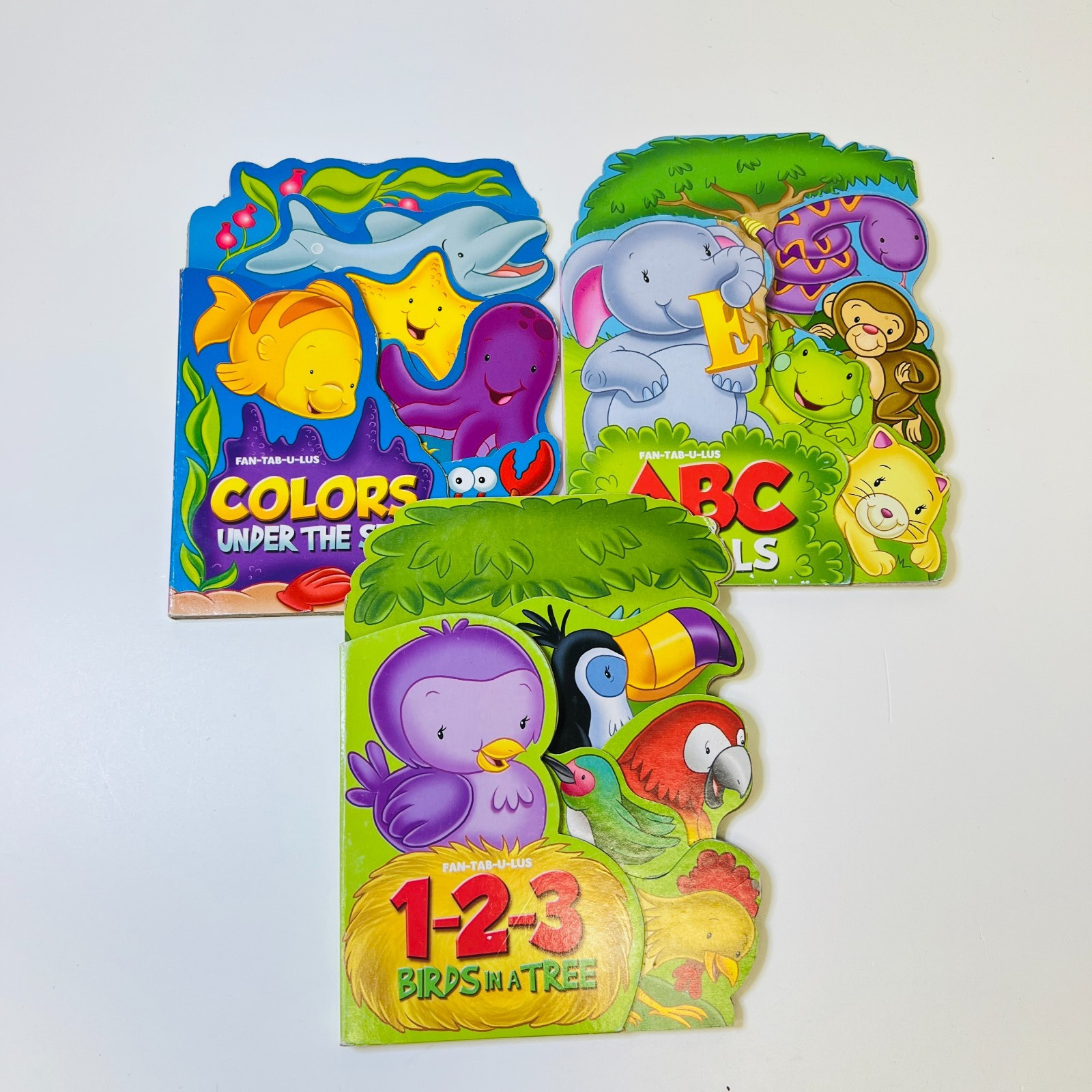 Vision St. Fan-Tab-U-Lus Board Books Lot of 3, 1-2-3 Birds in a Tre, Colors, ABC