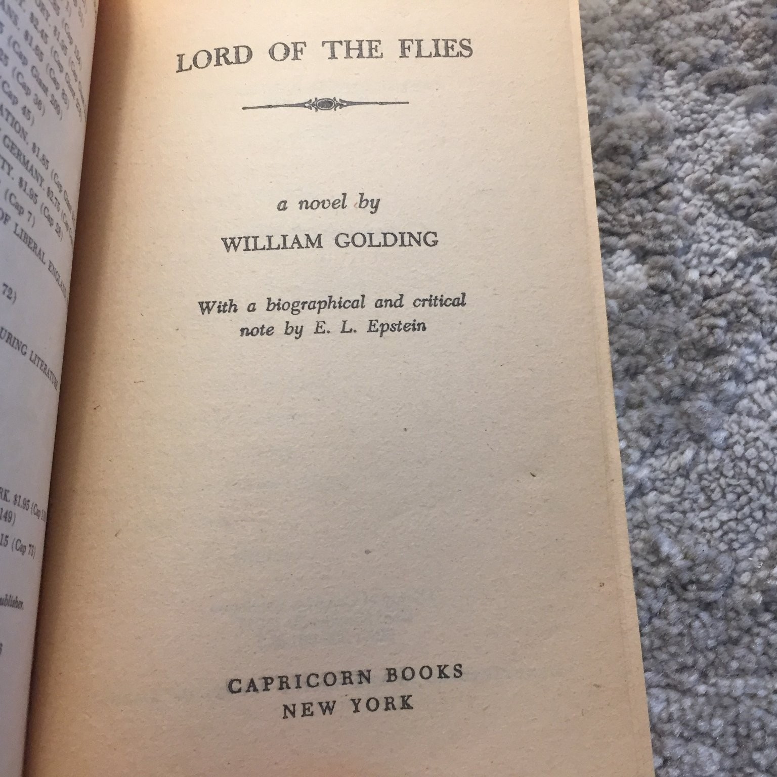Lord of the Flies William Golding 1959 Capricorn Books Psychological Allegory