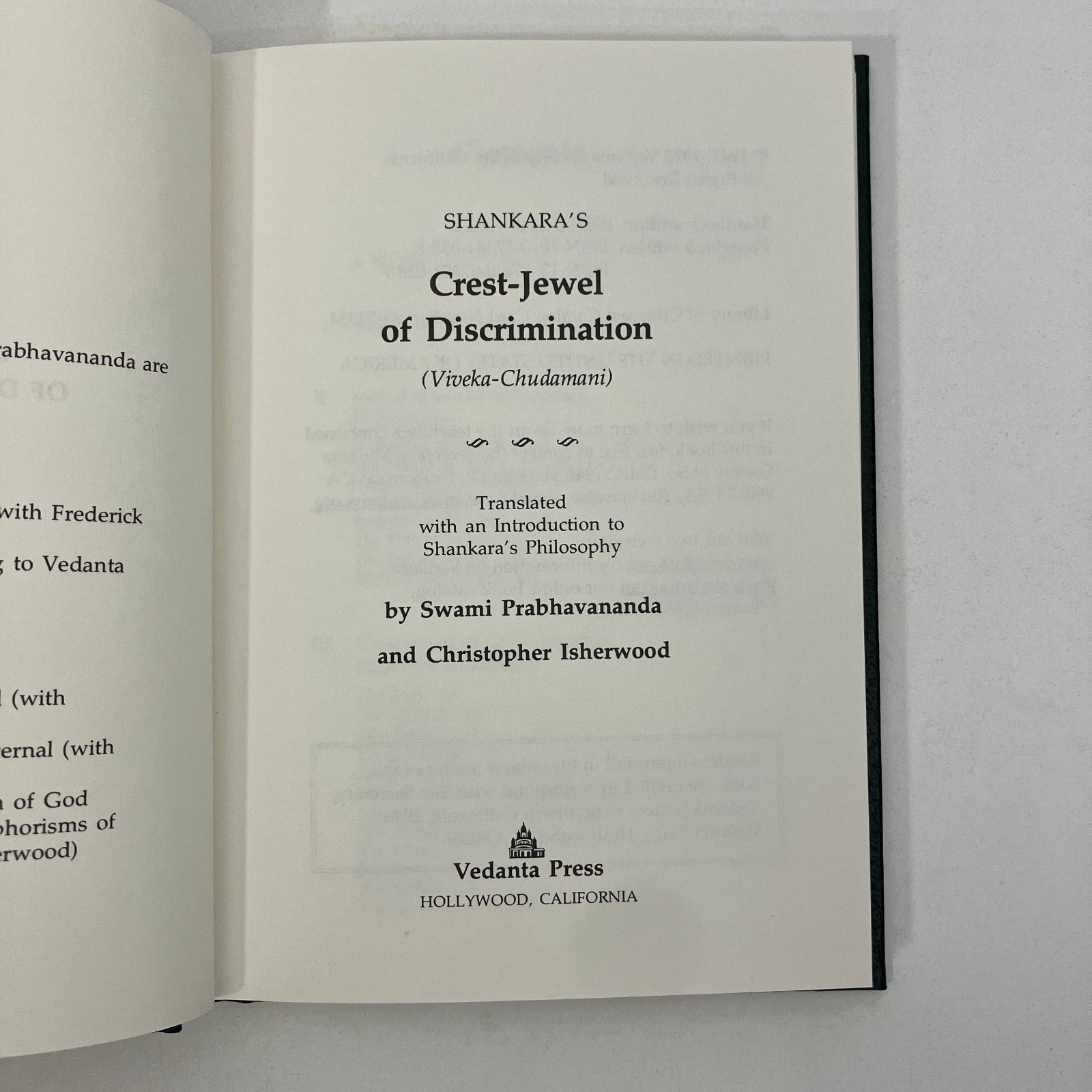Shankara’s Crest Jewel of Discrimination Vivekachudamani 1975 Vedanta Press HC