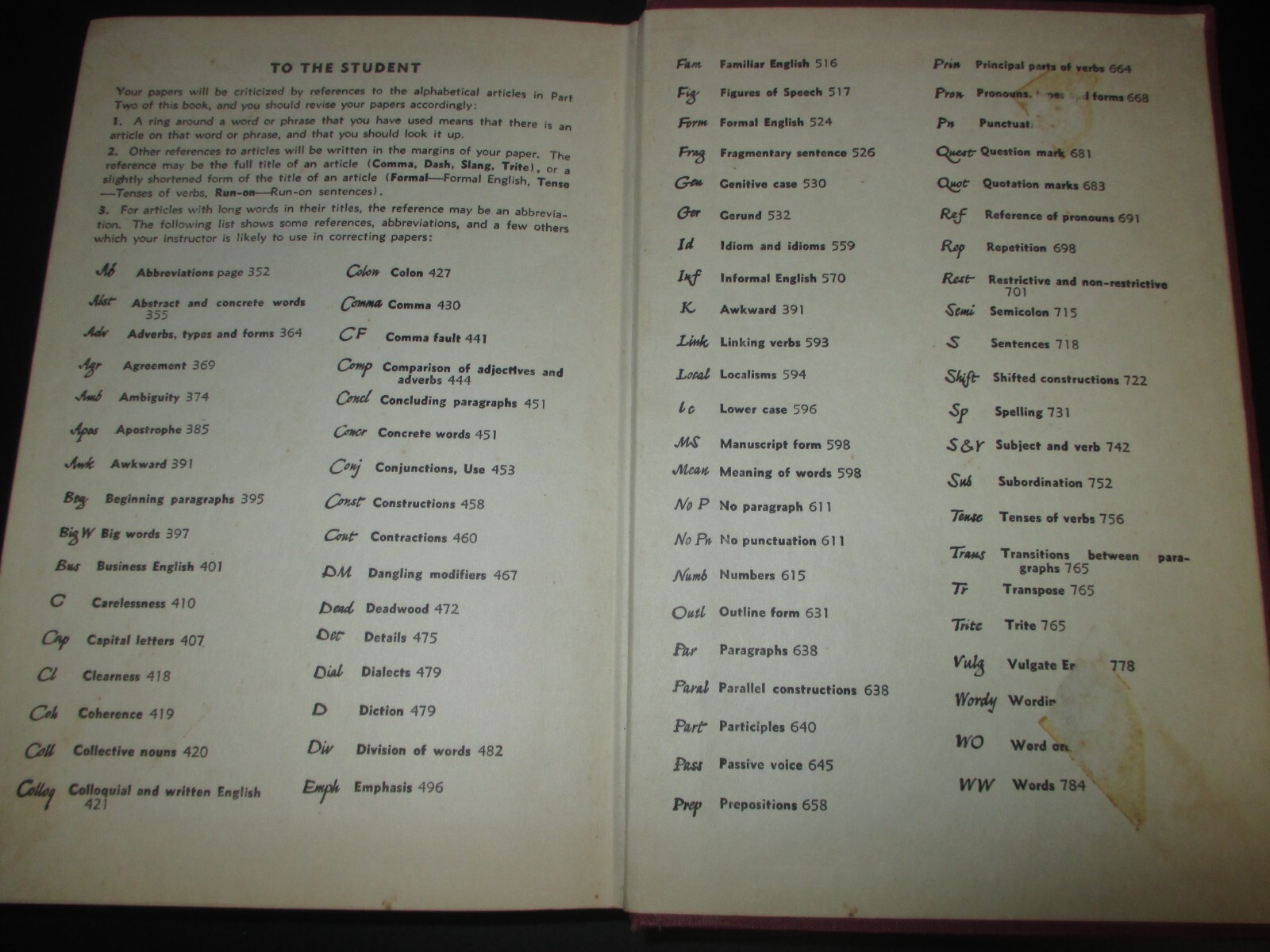 Writer’s Guide And Index To English-1942 Hardcover/800 Pages