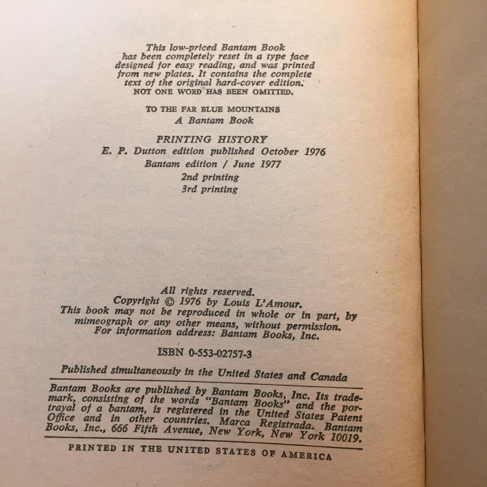 To The Far Blue Mountains Louis L’Amour 1977 Bantam Books Frontier Survival