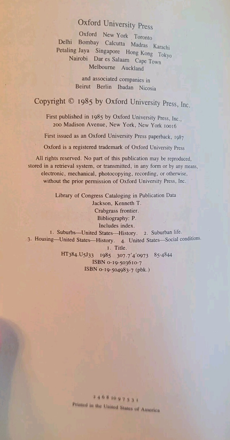 Crabgrass Frontier (SIGNED) By Kenneth T. Jackson
