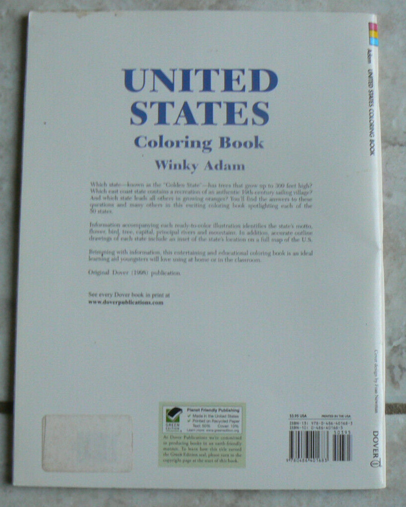 United States Coloring Book, Winky Adam, Dover NEW! 1998