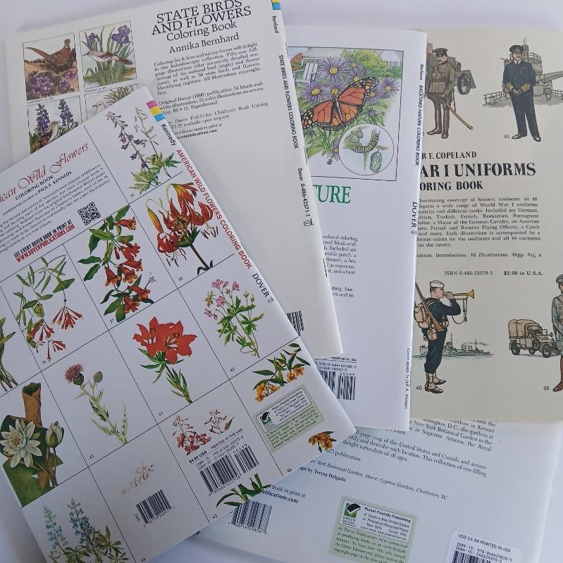 Dover Adult Coloring Books Lot Of 5 Nature Gardens Birds Flowers & WW1 Uniforms