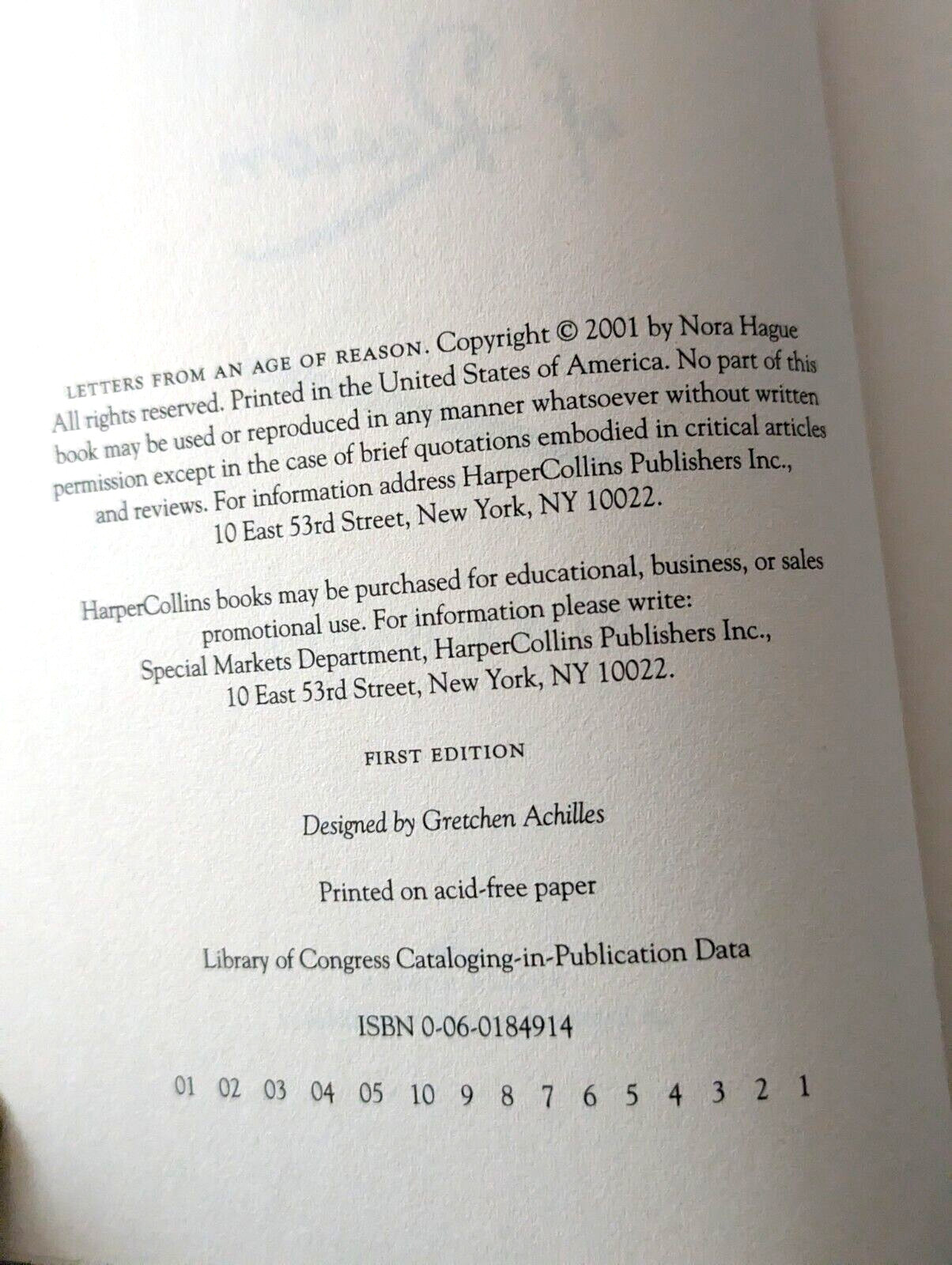 1st Ed. LETTERS FROM AN AGE OF REASON, Nora Hague, Adv. Reader’s Ed., Never Read