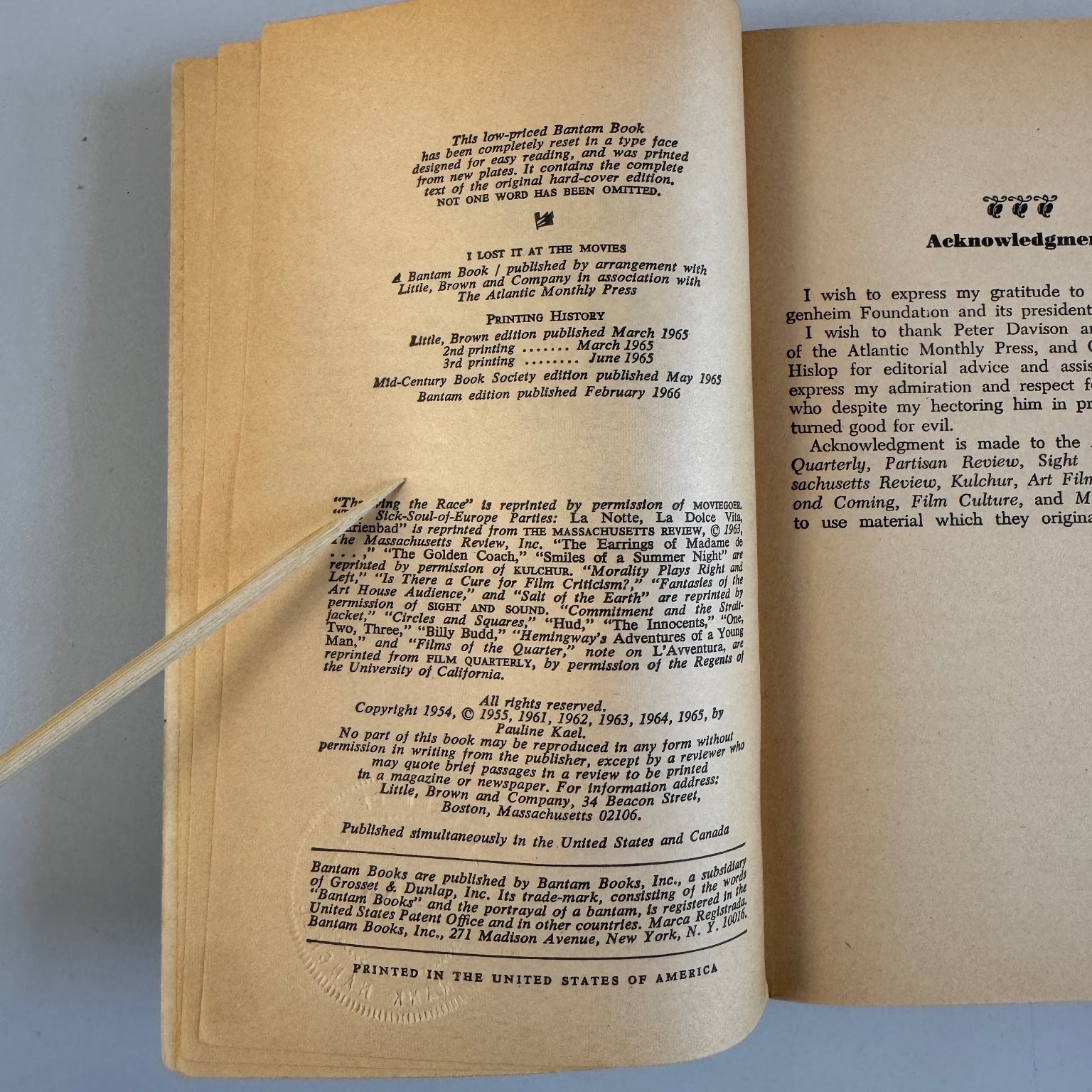 I Lost It At The Movies Pauline Kael 1966 First Bantam Edition Film Criticism