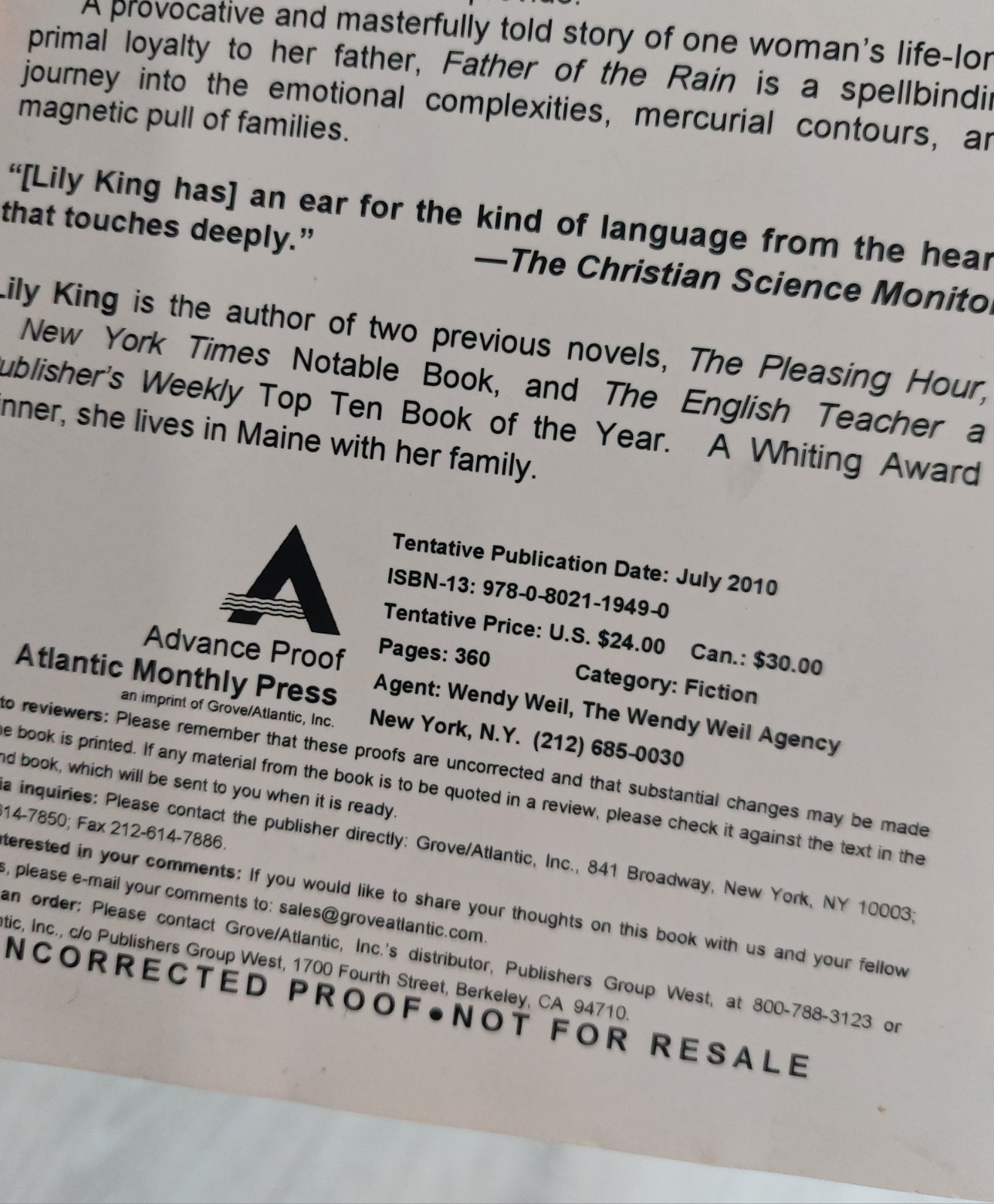 Lily King Father of the Rain 2010 UNCORRECTED PROOF Advance Reading Copy ARC