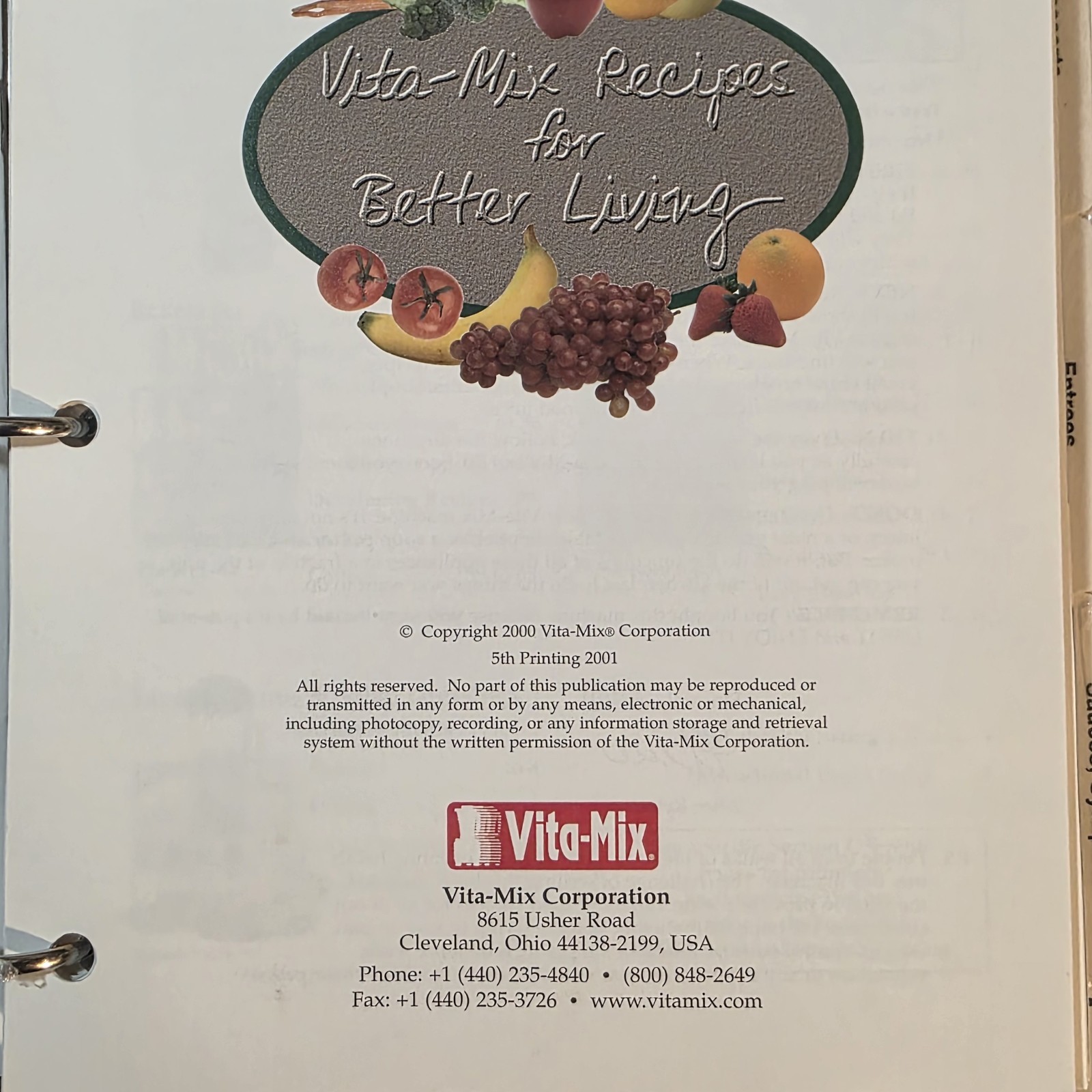 Vita-Mix Whole Food Recipes 3-Ring Binder and Owner’s Manual 2000 USA