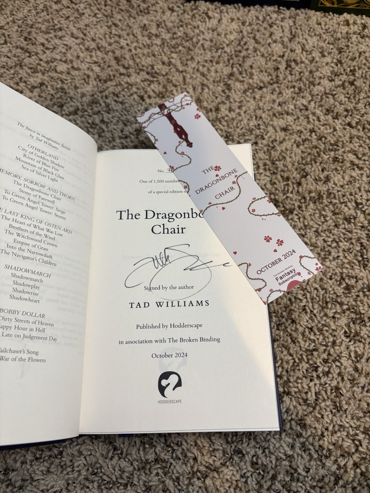 Broken Binding Dragonbone Chair Signed T1 Tad Williams Memory, Sorrow, and Thorn