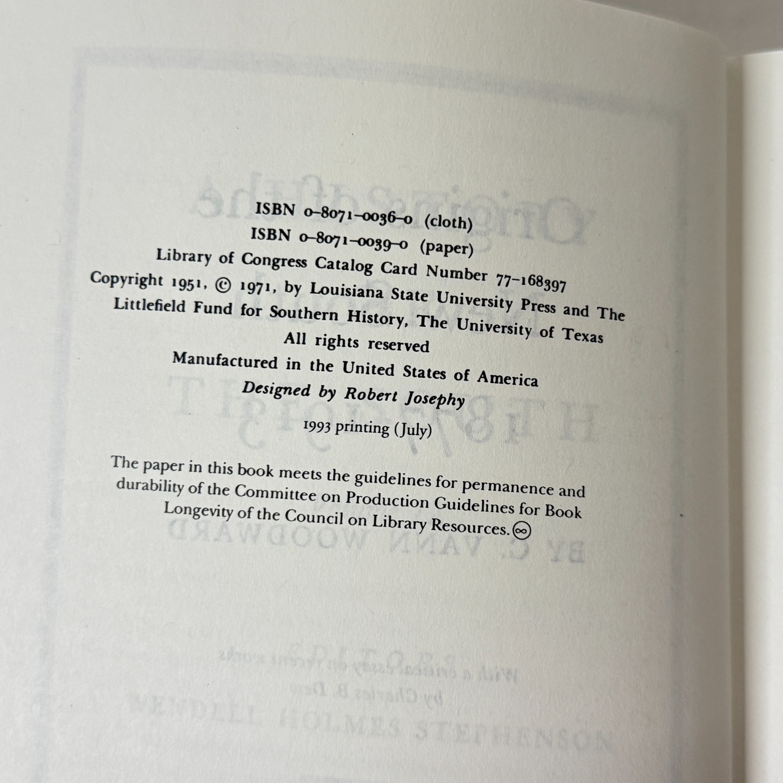 Origins of the New South 1877-1913 C Vann Woodward 1951 ©1993 Printing LSU Press