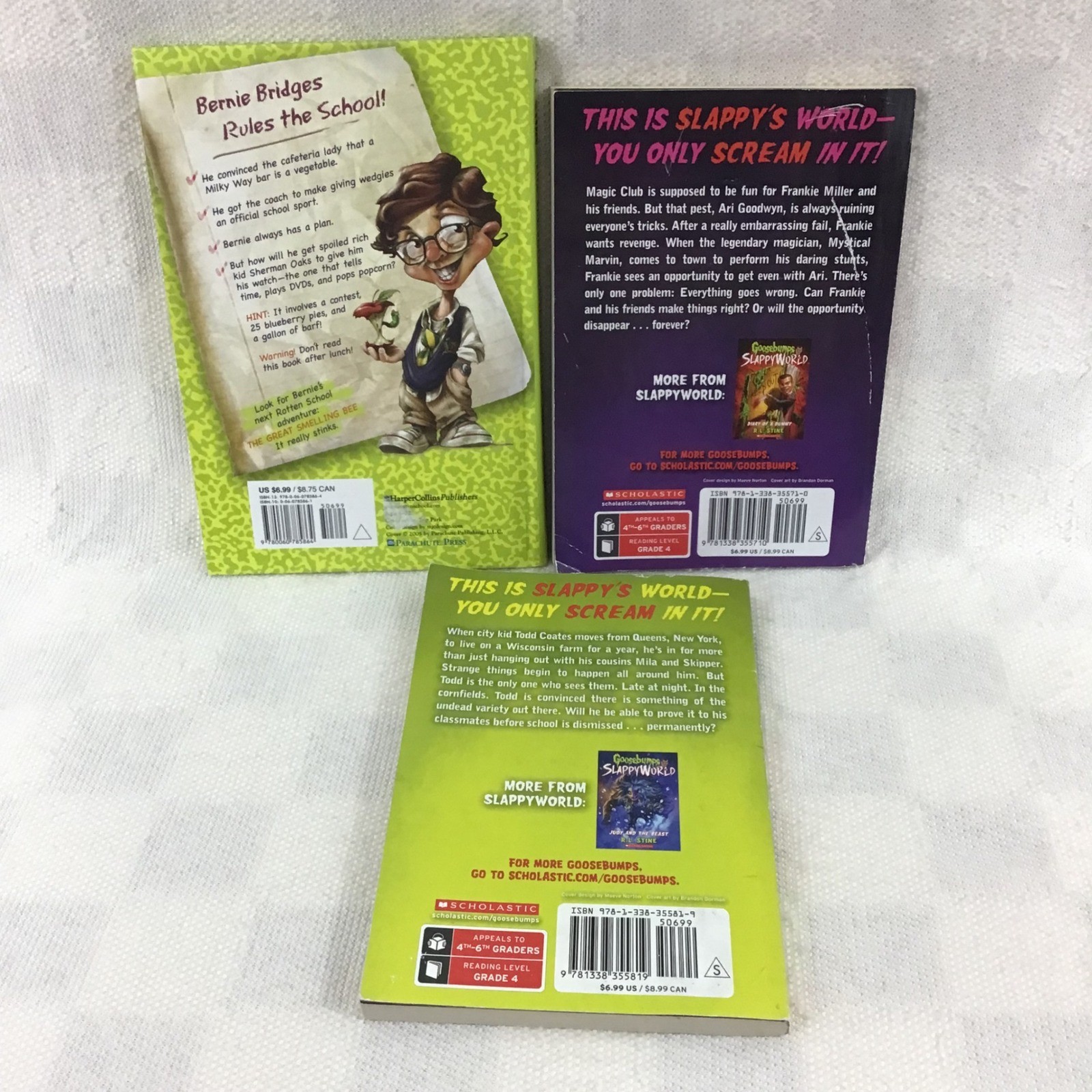 RL Stine Book Lot Goosebumps SlappyWorld 9 14 Rotten School 1 Paperback 3 Books
