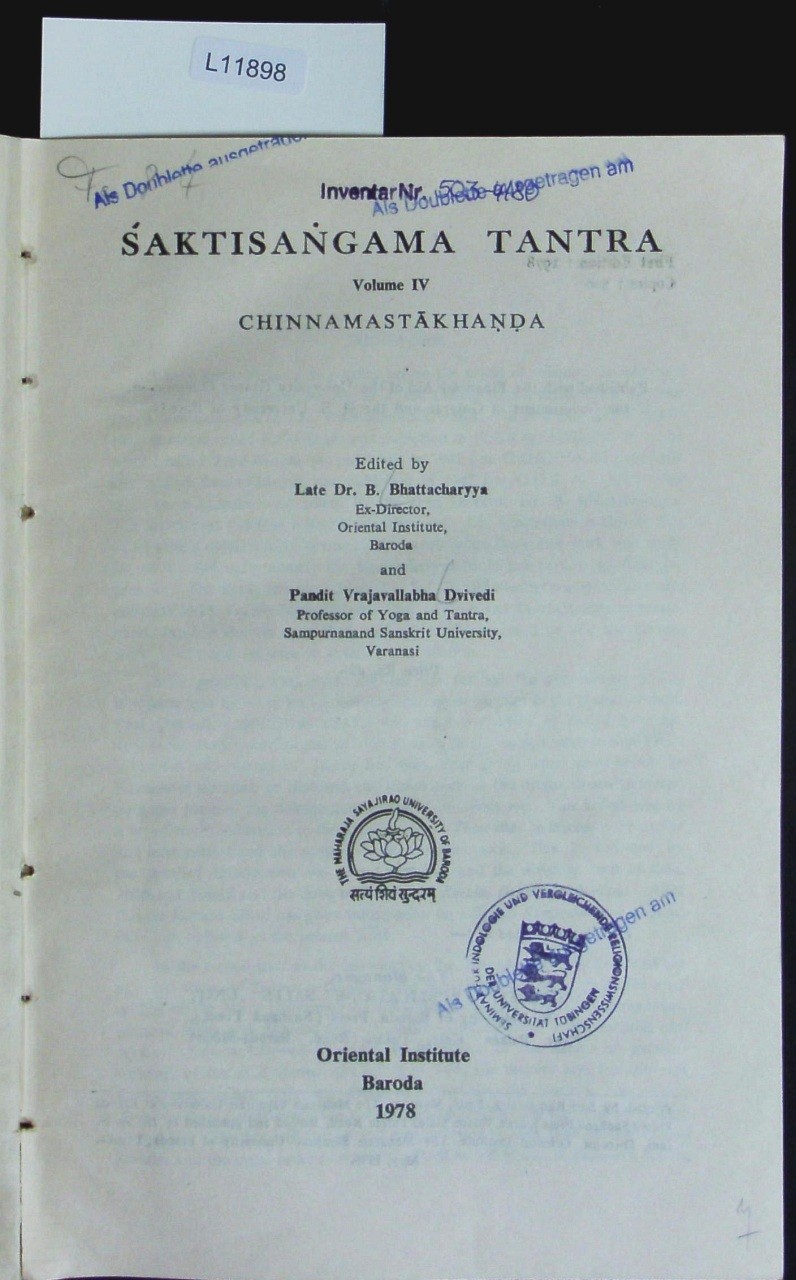 Saktisangama tantra. VOL. IV CHINNAMASTAKHANDA. Bhattacharyya, Benoytosh: