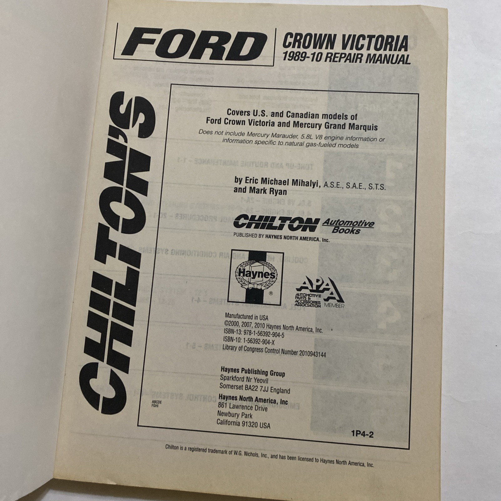 Chilton Ford Crown Victoria Grand Marquis Repair Manual 1989-2010 26180