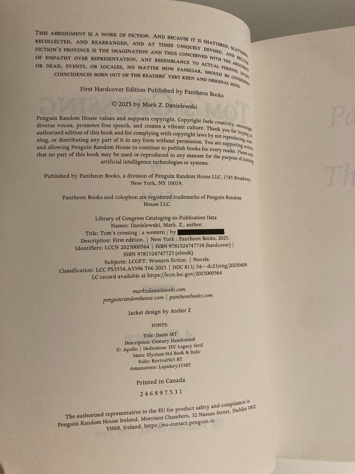 Tom’s Crossing: A Novel by Mark Z. Danielewski 2025 HC SIGNED 1st w/Art Print