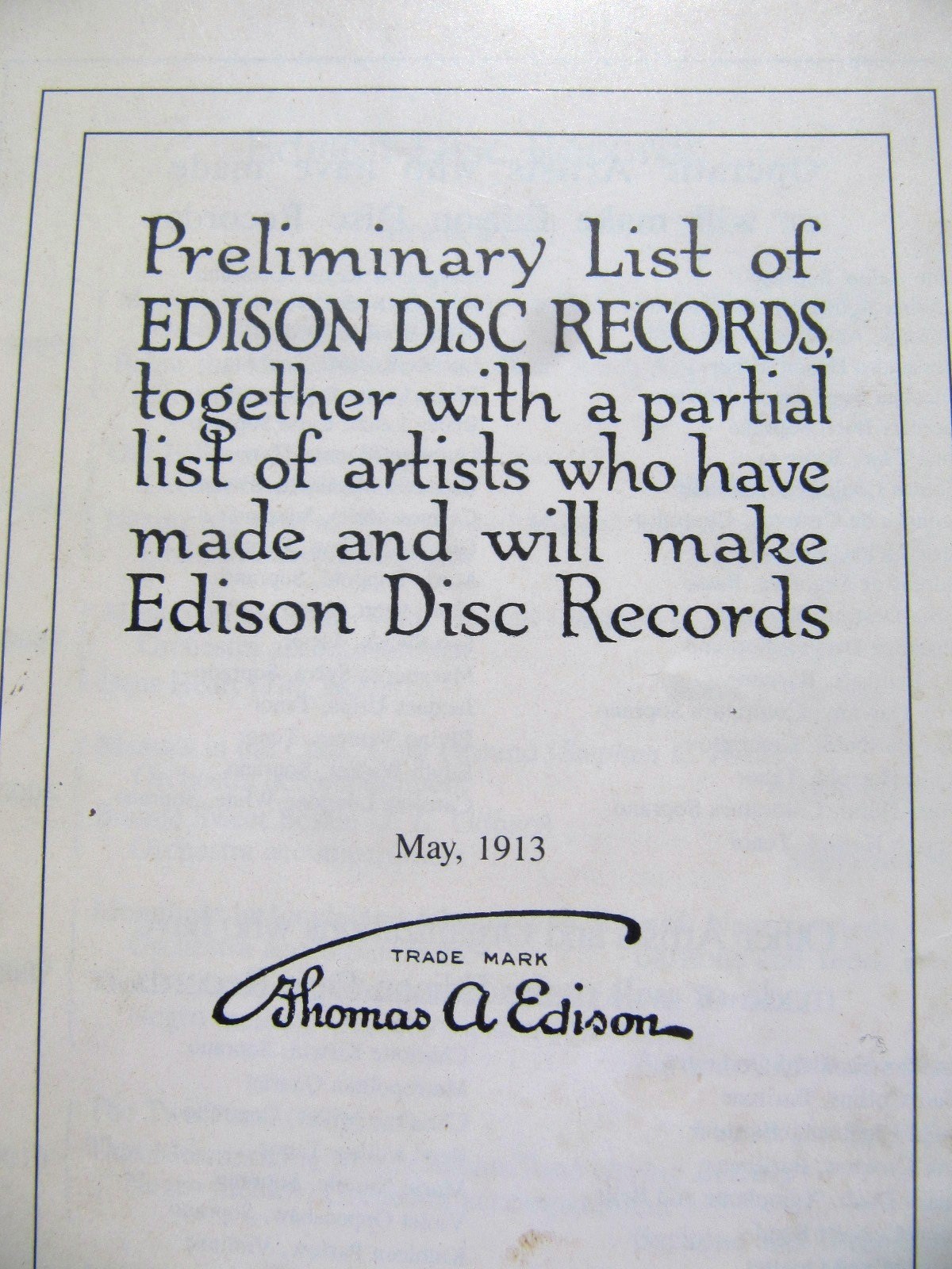 1913 PRELIMINARY LIST OF EDISON DISC RECORDS Diamond Re-Creation Catalog Thomas