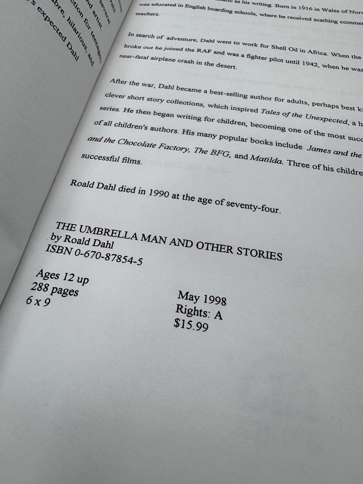 Roald Dahl Umbrella Man Advance Reading Copy ARC Viking Proof