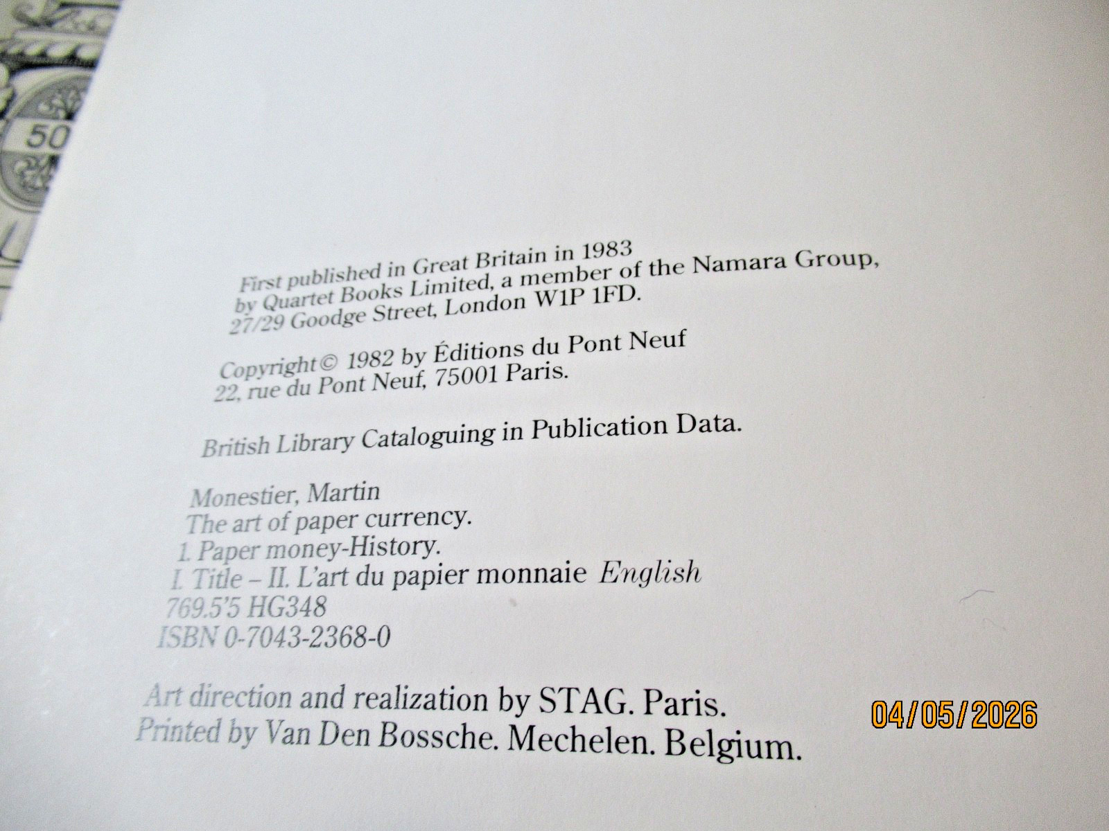 The Art of Paper Currency Martin Monestier Quartet Books London 1983 404 Pages